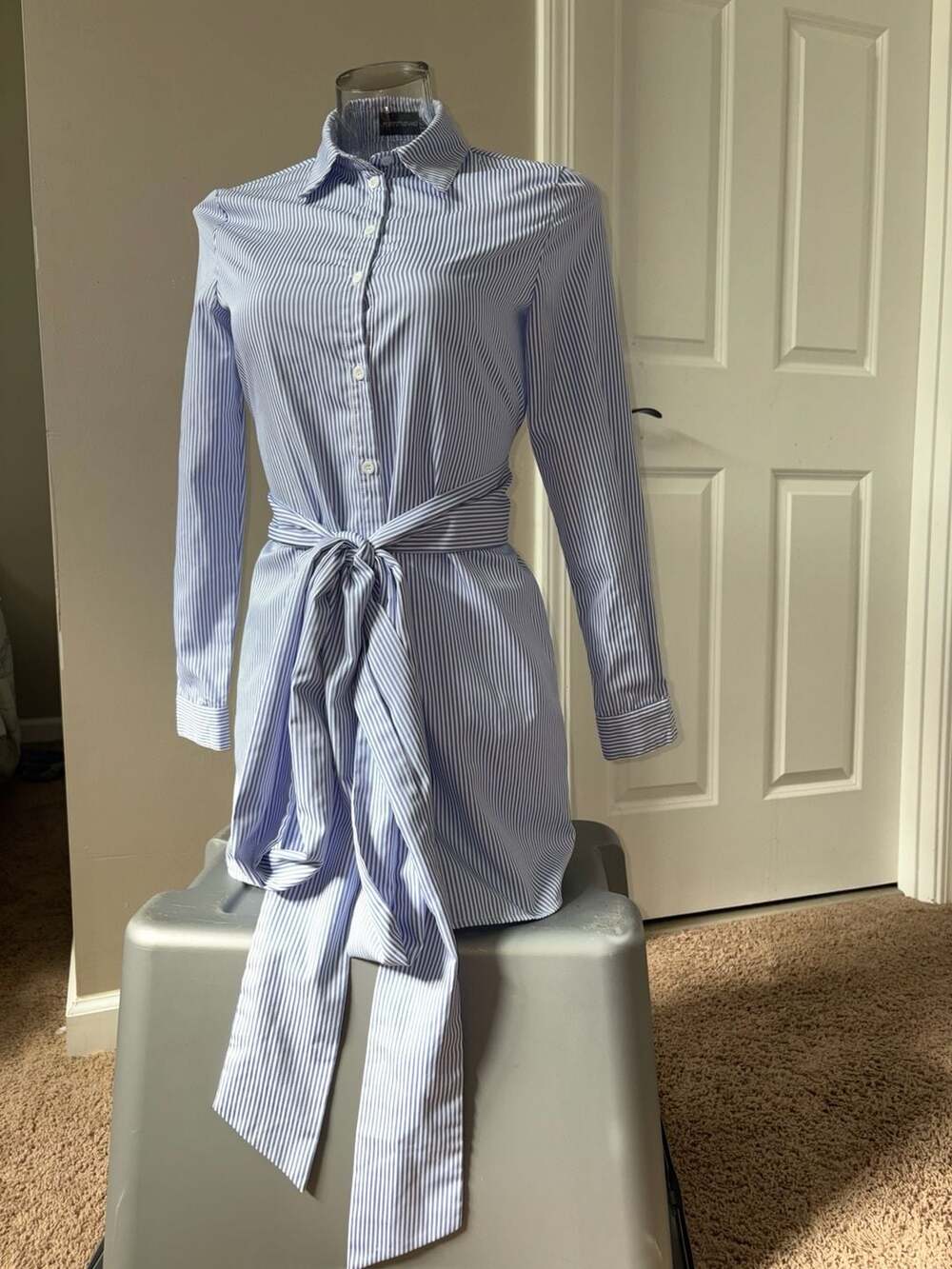 PrettyLittleThing Blue White Striped Wrap Front Shirt Dress